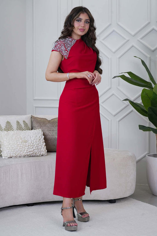 Red Crystal Embellished Crepe Maxi Dress 