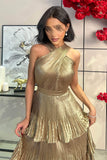فستان ماكسي بيلسية طبقات لون ذهبي