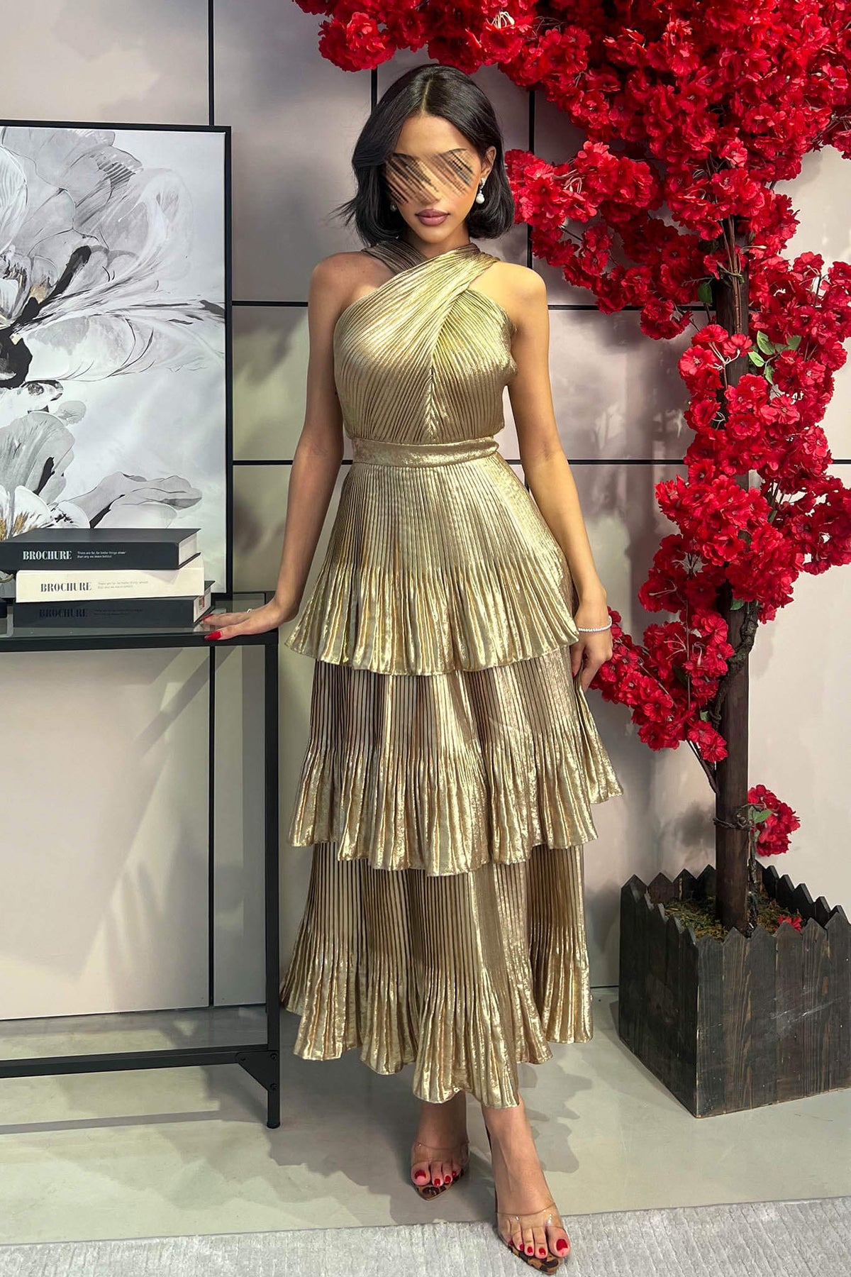 Gold Layered Pleated Maxi Dress 