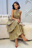 Gold Layered Pleated Maxi Dress 