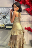 Gold Layered Pleated Maxi Dress 