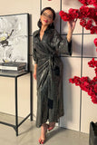 Black Tasseled Shiny Maxi Wrap Dress 