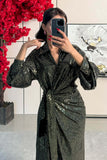 Black Tasseled Shiny Maxi Wrap Dress 