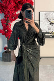 Black Tasseled Shiny Maxi Wrap Dress 