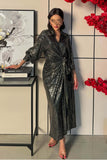 Black Tasseled Shiny Maxi Wrap Dress 