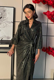 Black Tasseled Shiny Maxi Wrap Dress 