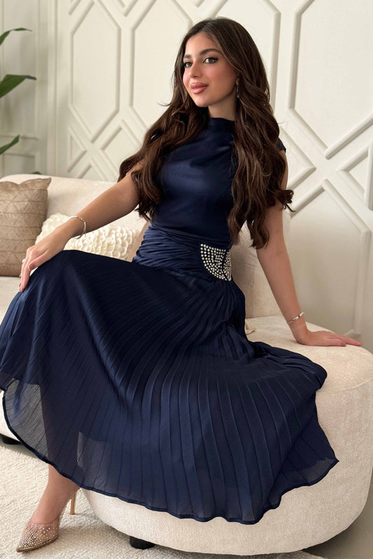 Navy Blue Pleated Satin Midi Dress 