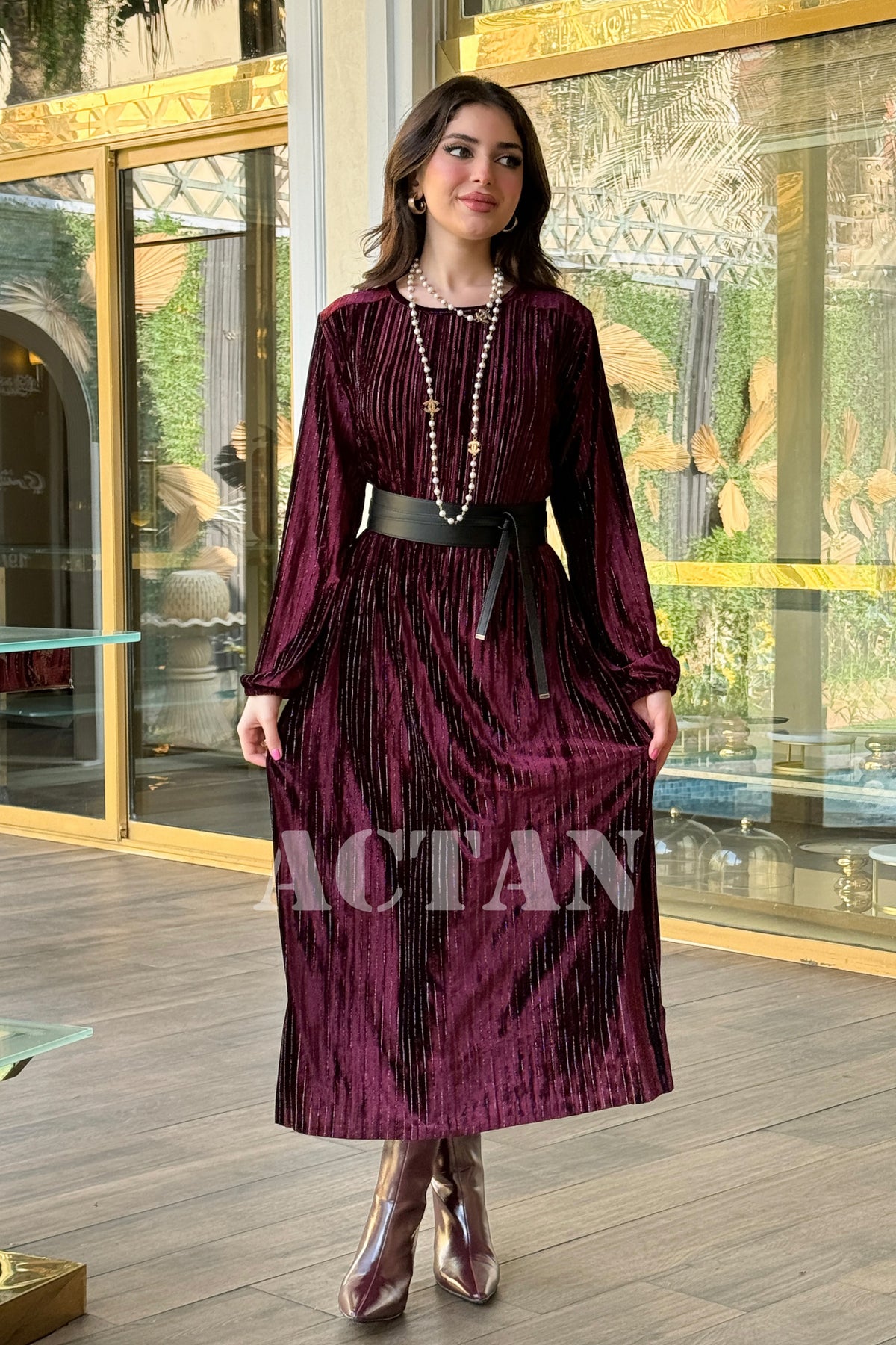 Velvet pleated dress with wrap belt 