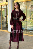 Velvet pleated dress with wrap belt 