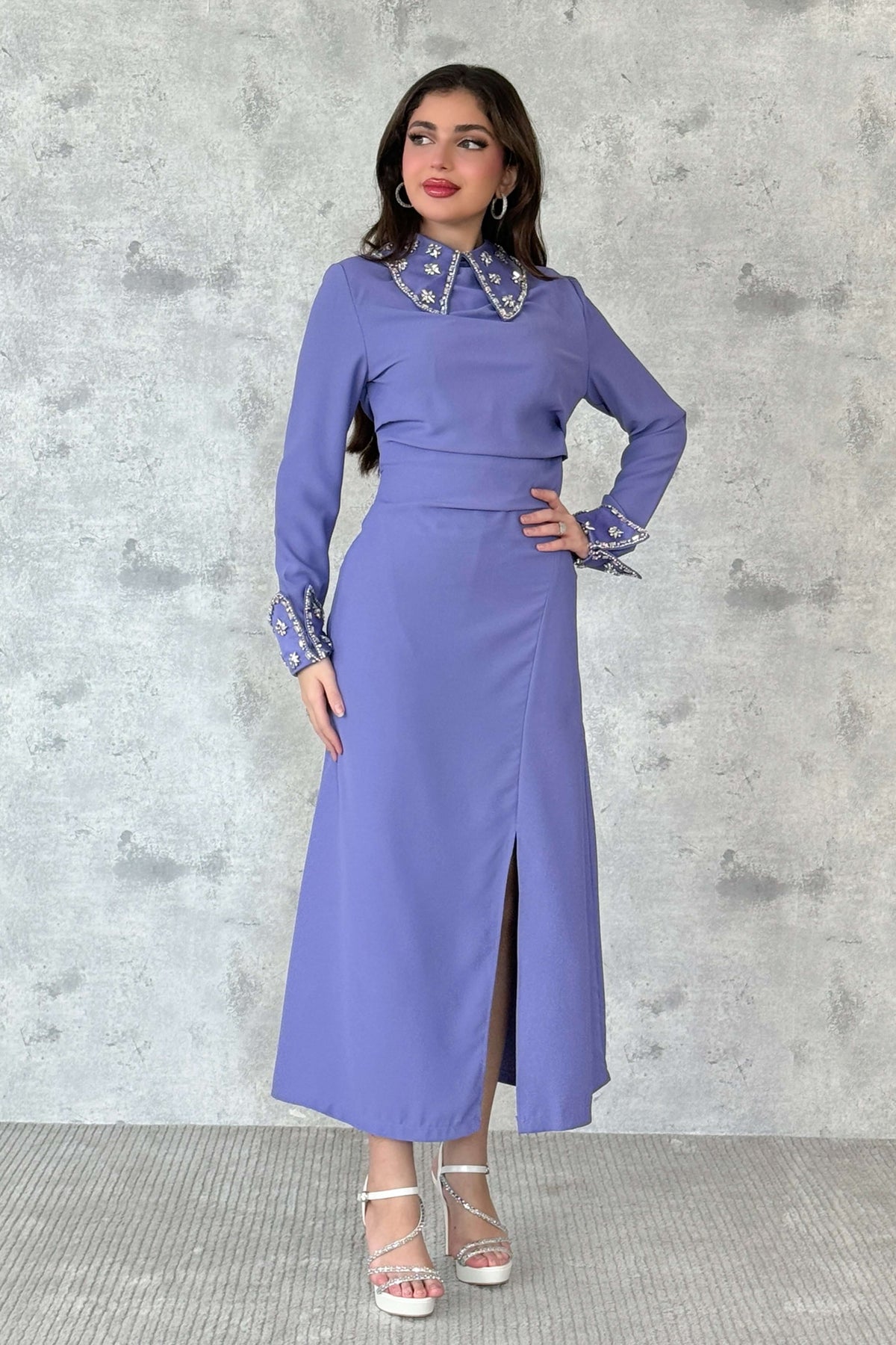 Crystal embellished collar and cuff midi dress 