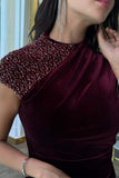 Burgundy crystal embellished draped velvet off shoulder dress 