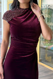 Burgundy crystal embellished draped velvet off shoulder dress 