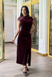 Burgundy crystal embellished draped velvet off shoulder dress 