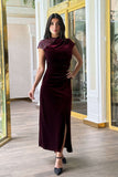 Burgundy crystal embellished draped velvet off shoulder dress 