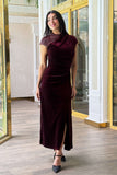 Burgundy crystal embellished draped velvet off shoulder dress 