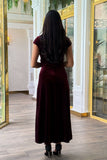 Burgundy crystal embellished draped velvet off shoulder dress 