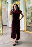 Burgundy crystal embellished draped velvet off shoulder dress 