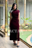 Velvet draped dress with crystals on the shoulder 