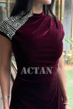 Velvet draped dress with crystals on the shoulder 