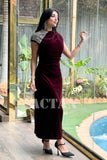 Velvet draped dress with crystals on the shoulder 