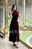 Velvet draped dress with crystals on the shoulder 