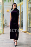 Velvet draped dress with crystals on the shoulder 