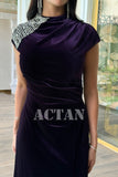 Velvet draped dress with crystals on the shoulder 