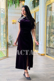 Velvet draped dress with crystals on the shoulder 