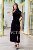 Velvet draped dress with crystals on the shoulder 