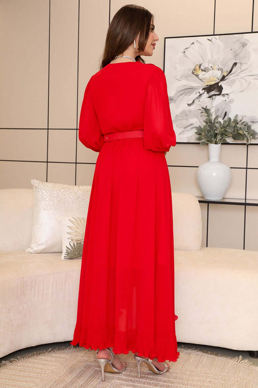 فستان شيفون بحزام عالخصر لون احمر