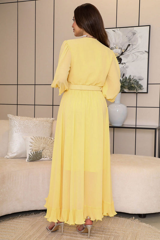 فستان شيفون بحزام عالخصر لون اصفر