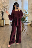 Velvet blouse and pants set with striped effect 