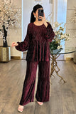 Velvet blouse and pants set with striped effect 