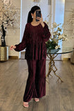 Velvet blouse and pants set with striped effect 