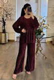 Velvet blouse and pants set with striped effect 