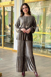 Velvet blouse and pants set with striped effect 