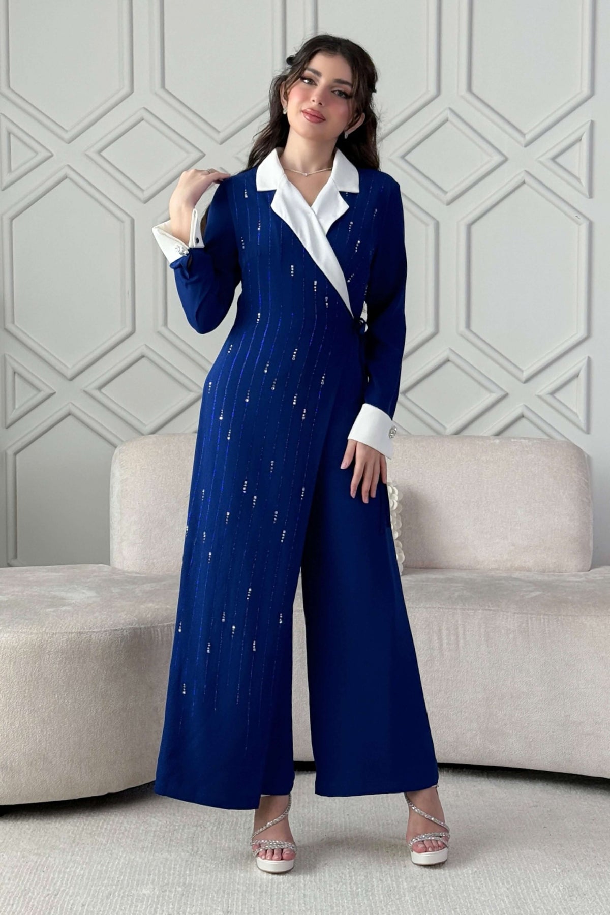 Blue Embellished Wrap Jumpsuit 