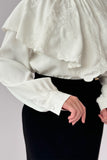 Crepe blouse with embroidered ruffle neck, white