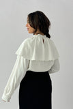 Crepe blouse with embroidered ruffle neck, white