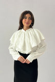 Crepe blouse with embroidered ruffle neck, white