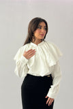 Crepe blouse with embroidered ruffle neck, white