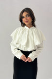 Crepe blouse with embroidered ruffle neck, white