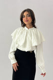 Crepe blouse with embroidered ruffle neck, white