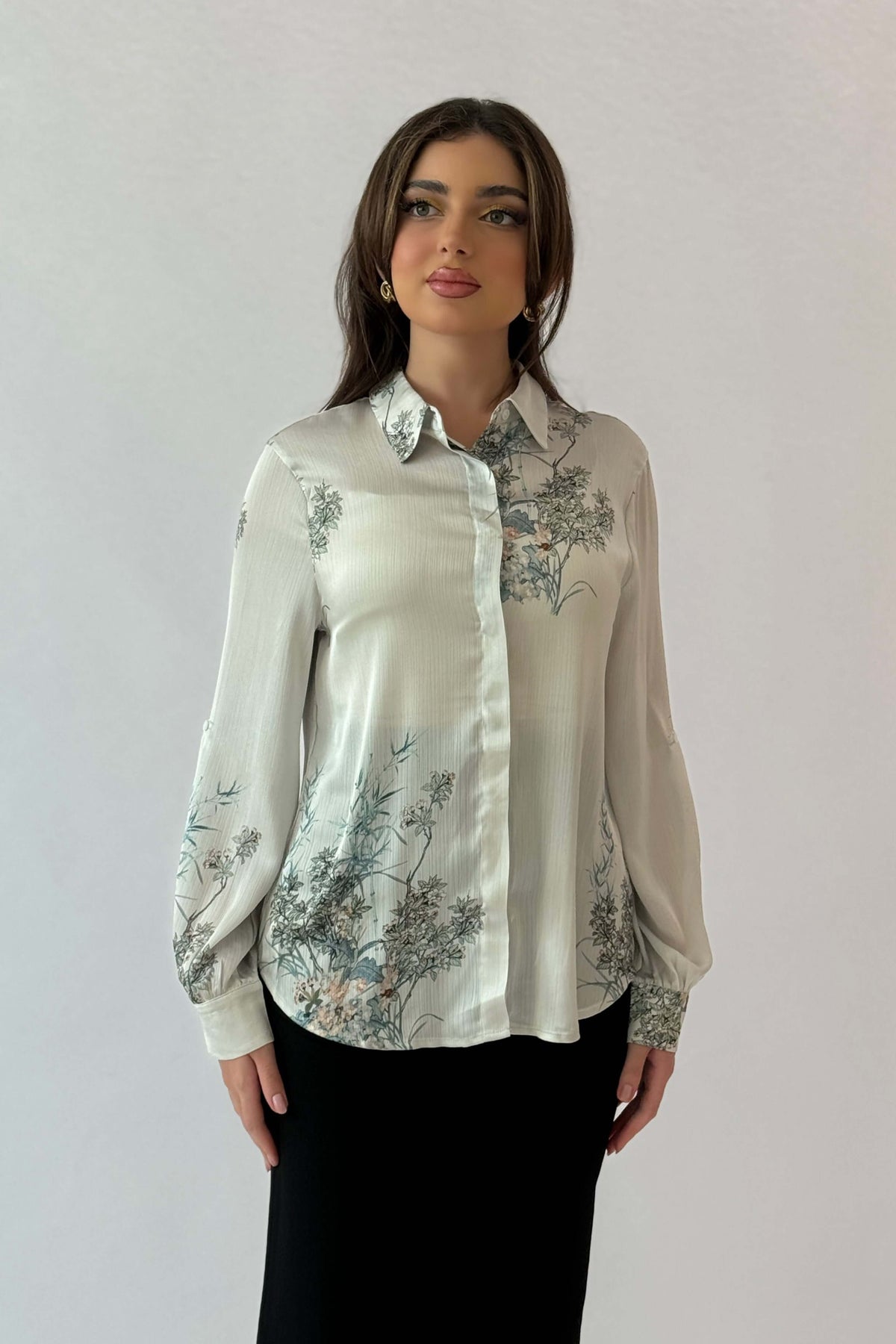 Beige Tree Print Button Down Shirt 