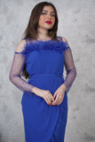 فستان ماكسي بتصميم لف مزين بريش وتطريز لون ازرق