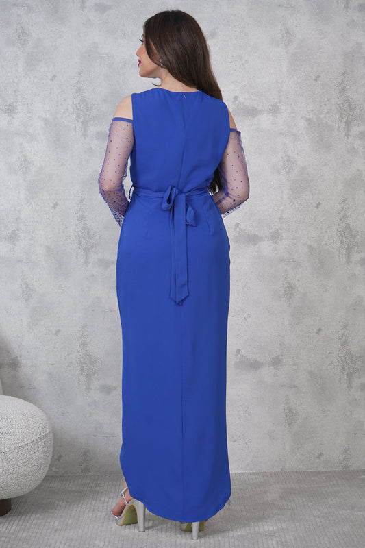 فستان ماكسي بتصميم لف مزين بريش وتطريز لون ازرق