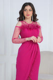 Wrap maxi dress decorated with feathers and embroidery in fuchsia