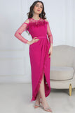 Wrap maxi dress decorated with feathers and embroidery in fuchsia
