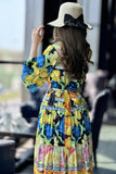 Yellow Tropical Print Pleated Maxi Dress