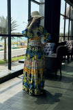 Yellow Tropical Print Pleated Maxi Dress